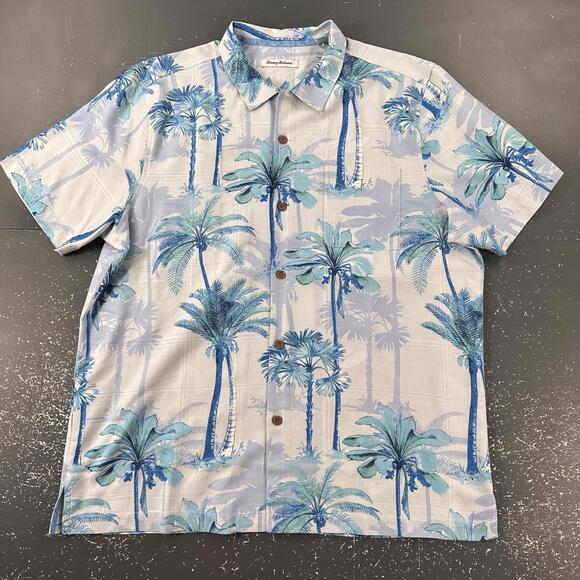Tommy Bahama Other - Tommy Bahama Silk Shirt Men XL White Navy Blue Palm Trees Camp Hawaiian EUC